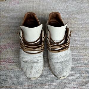 Women's White Leather Lace-Up Sneakers with Fringe Trim and Tan Accents